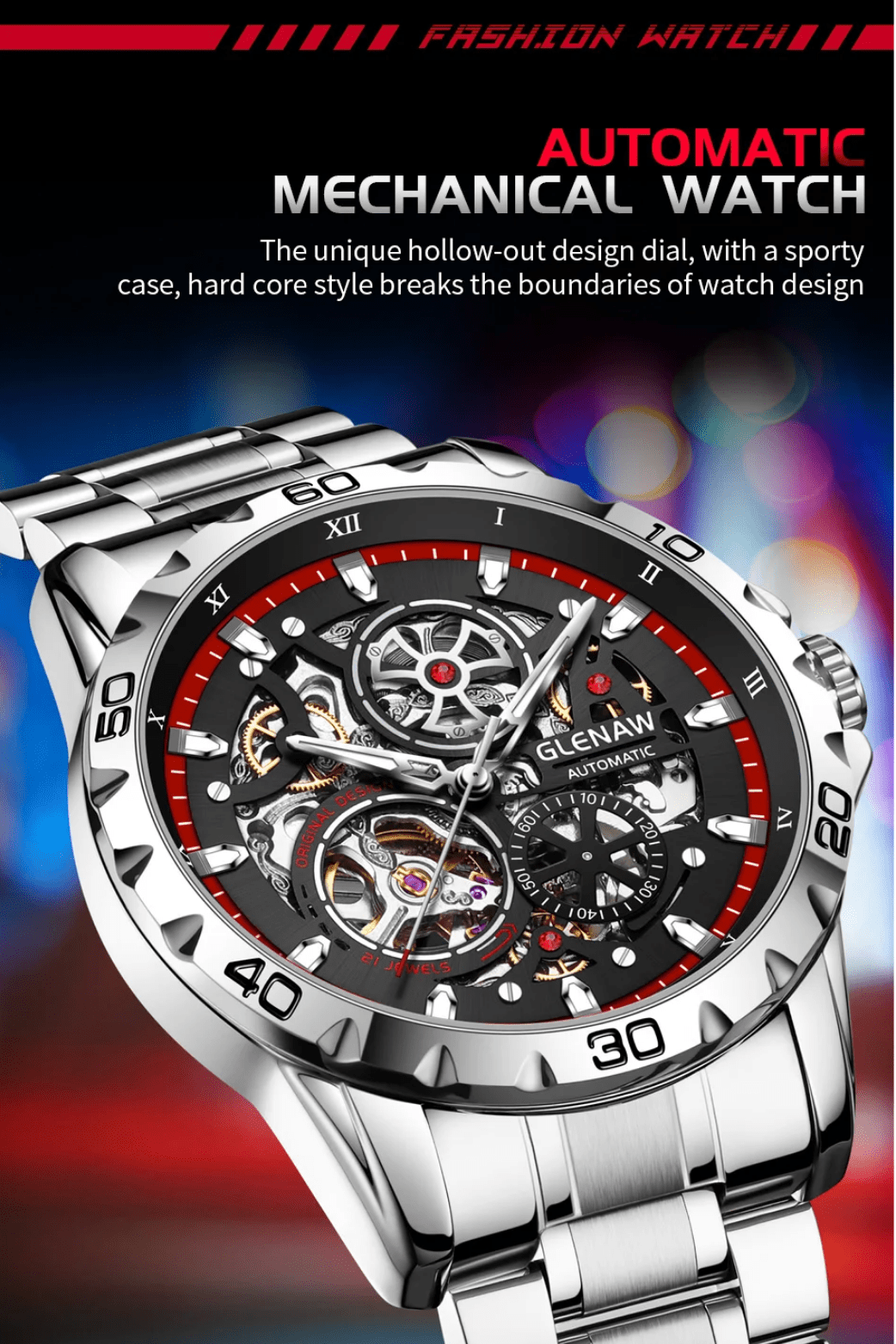 GLENAW Steampunk Skeleton Automatic Men’s Watch – Stainless Steel - The Crew