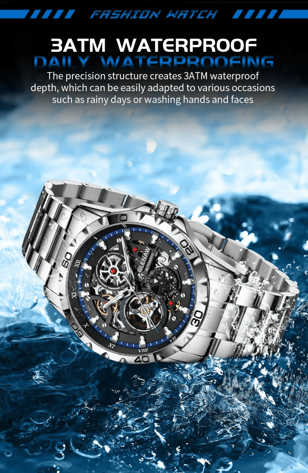 GLENAW Steampunk Skeleton Automatic Men’s Watch – Stainless Steel - The Crew