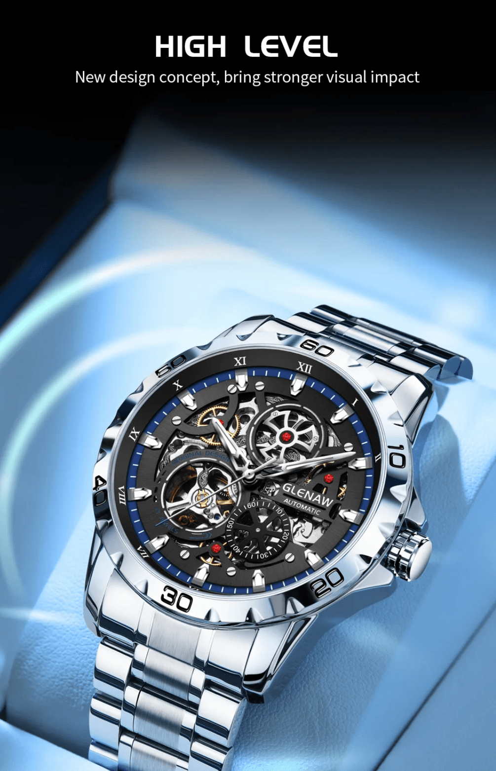 GLENAW Steampunk Skeleton Automatic Men’s Watch – Stainless Steel - The Crew