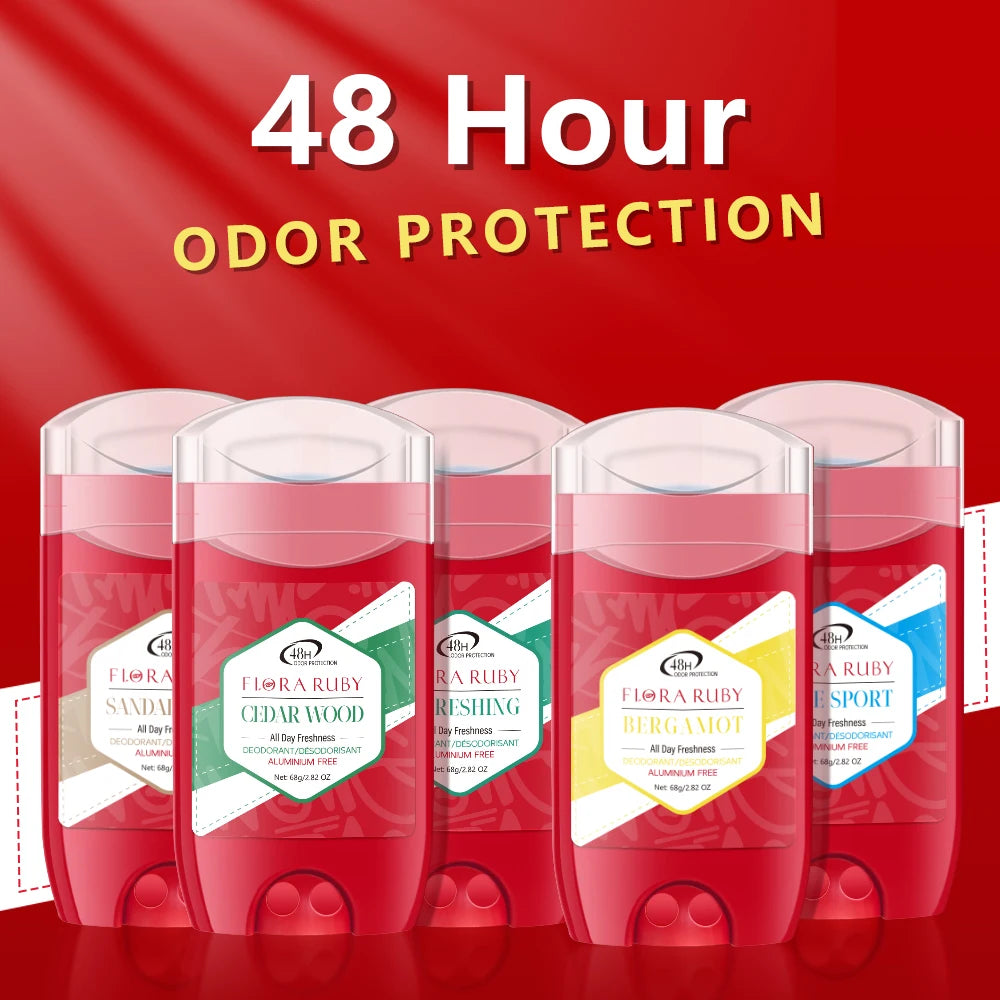 A lineup of five red Flora Ruby deodorant sticks highlighting 48-hour advanced body odor protection