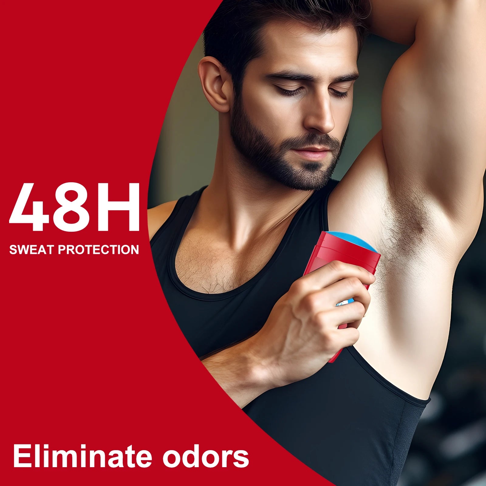 A muscular man in a black tank top applying Flora Ruby deodorant stick to eliminate underarm odors with 48h protection