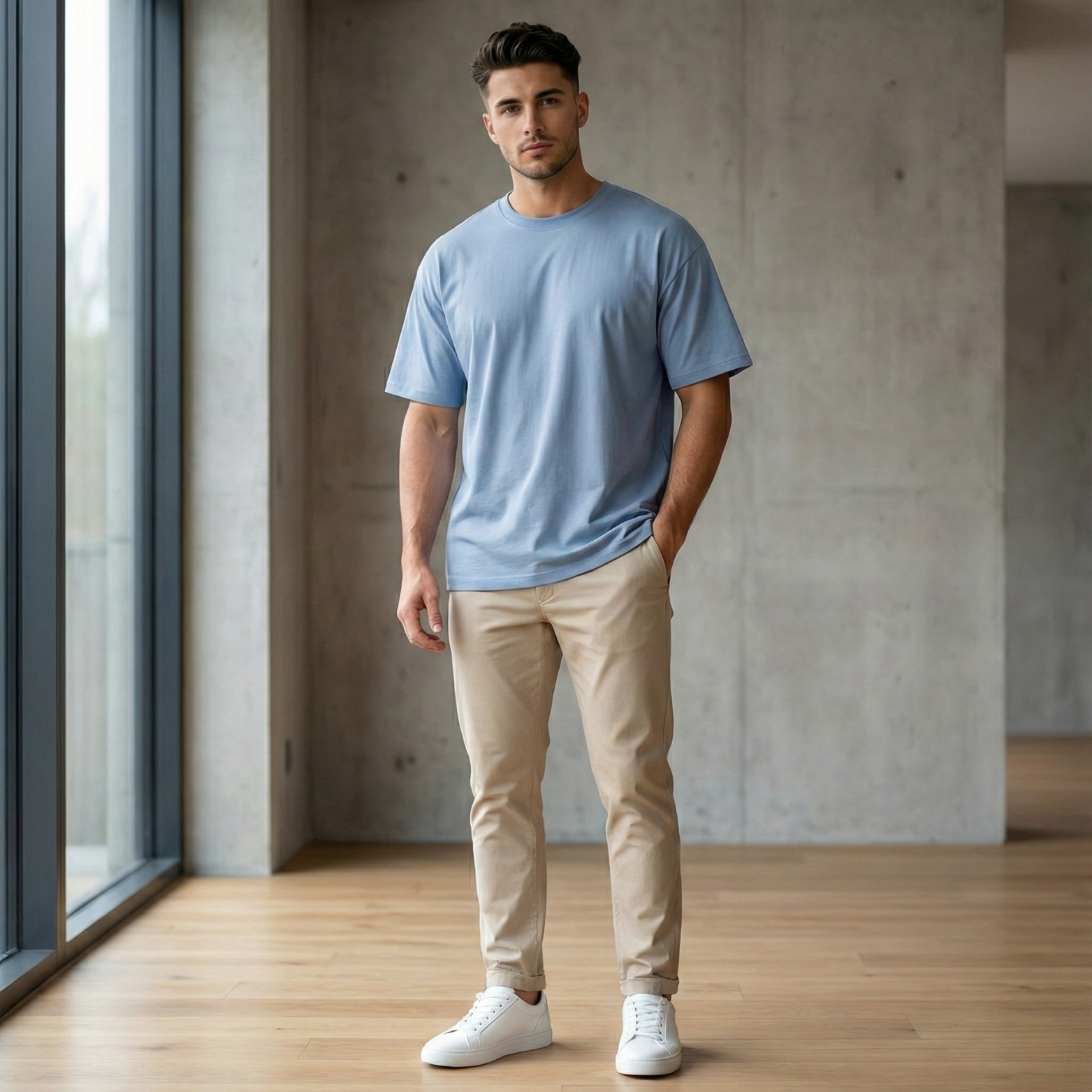 Men’s Oversized Light Blue Streetwear T-Shirt Outfit – The Crew