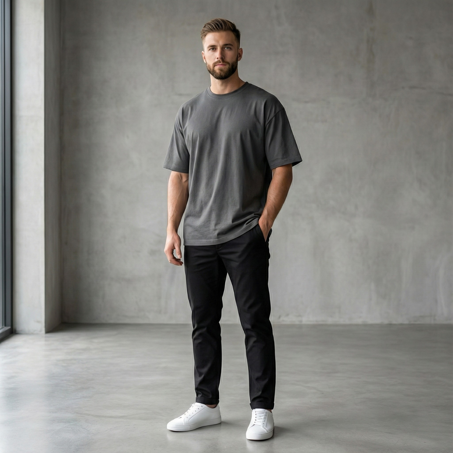 Men’s Oversized Dark Gray Streetwear T-Shirt Outfit – The Crew