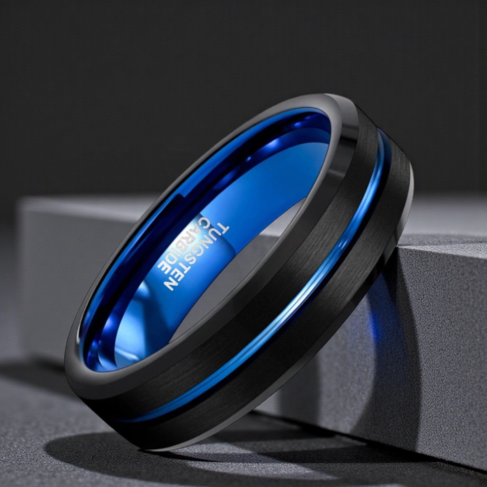 Men’s Blue Line Tungsten Carbide Wedding Ring Black - The Crew
