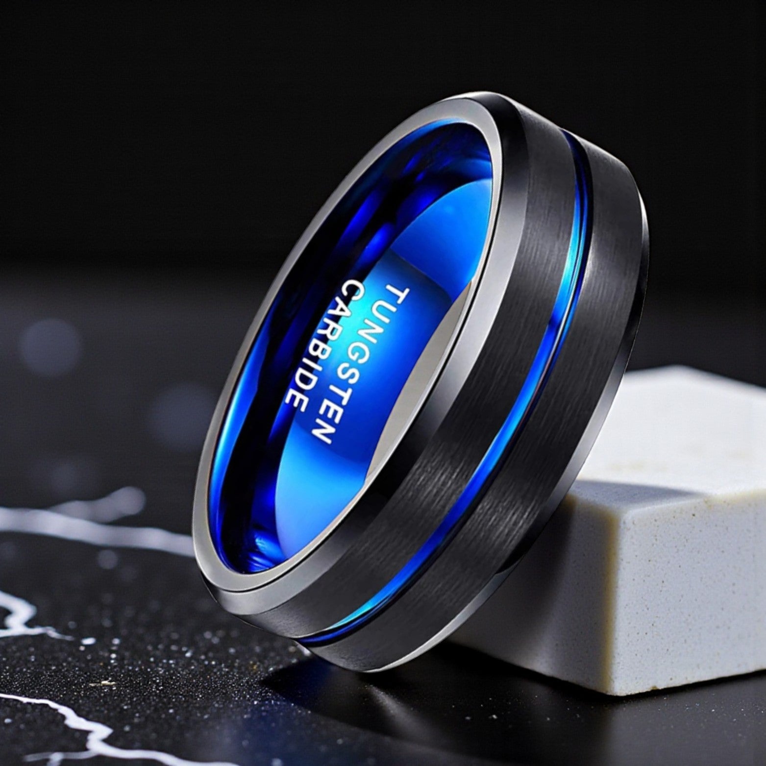 Men’s Blue Line Tungsten Carbide Wedding Ring Black - The Crew