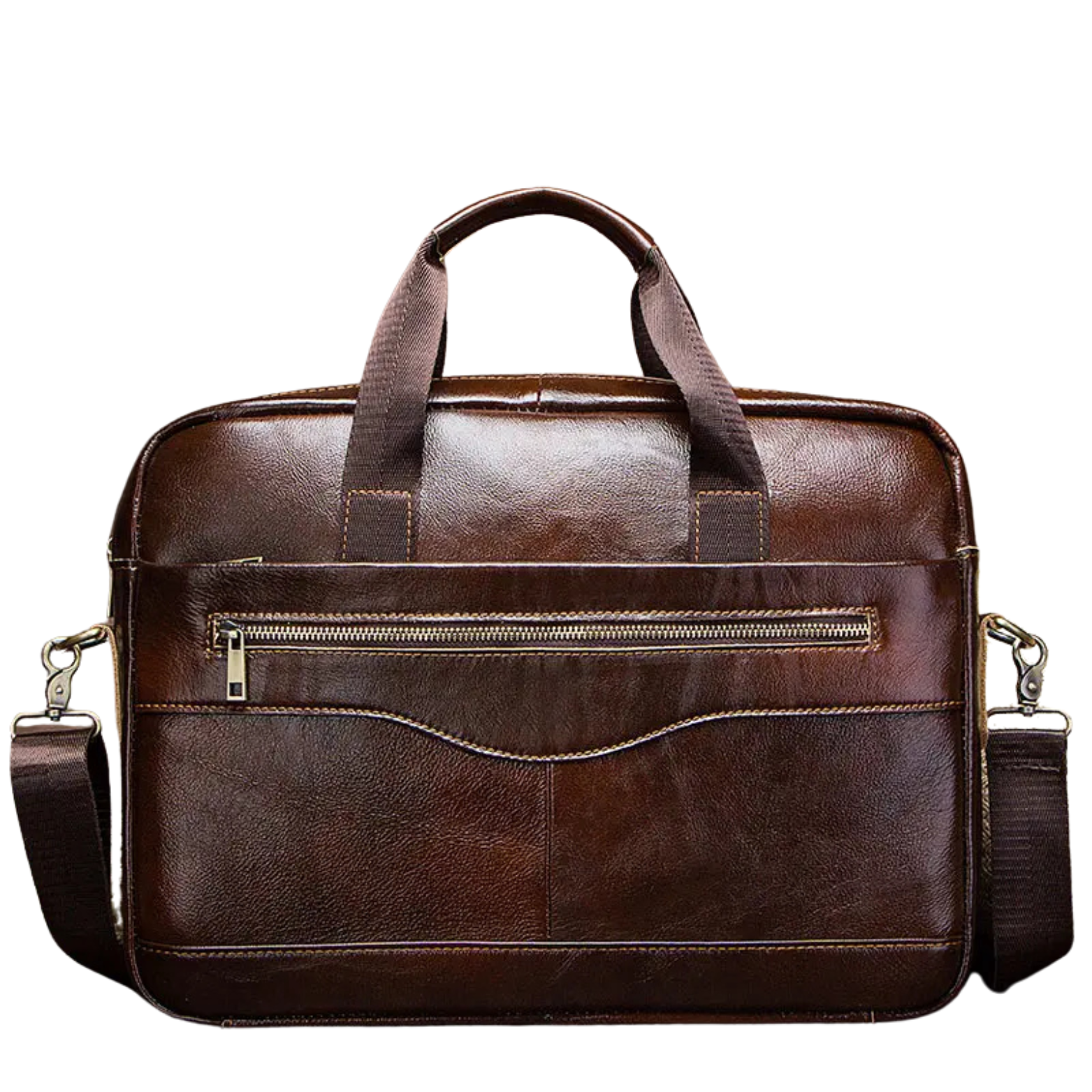 Men’s Brown Genuine Leather Briefcase Front View – The Crew