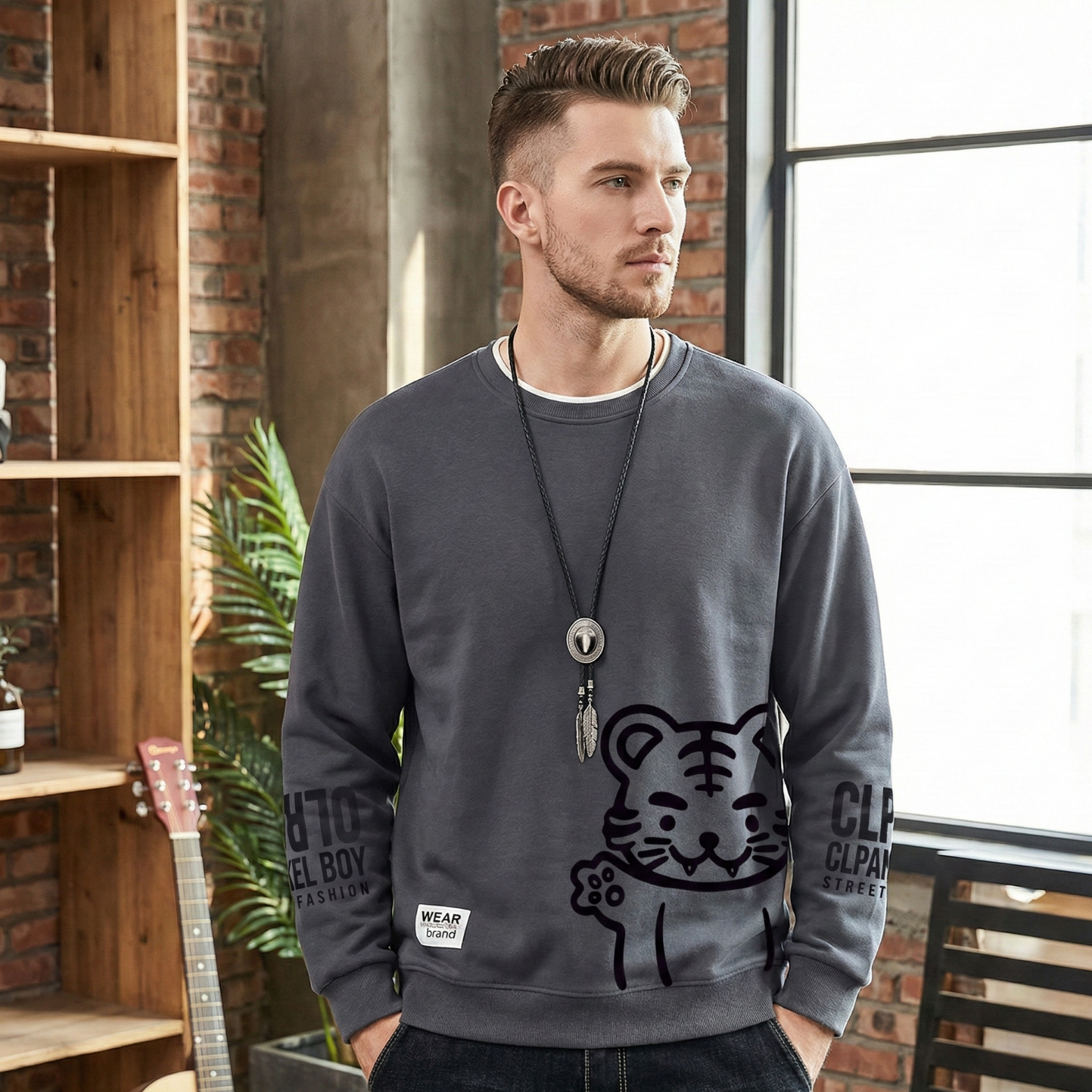 Man Wearing Japanese Tiger Street Sweatshirt Gray– The Crew