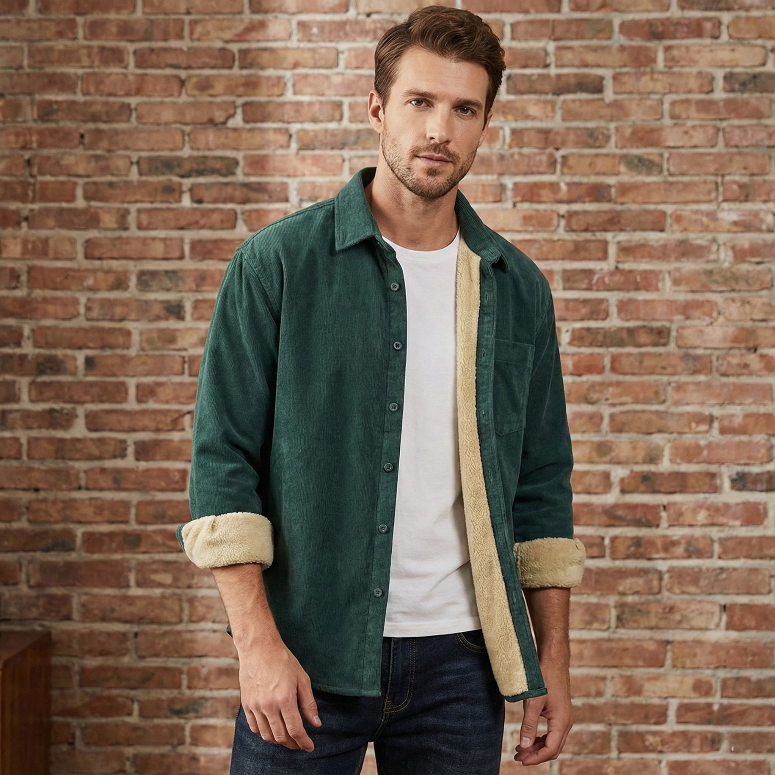 Man Wearing Vintage Fleece Cargo Overshirt Green – The Crew