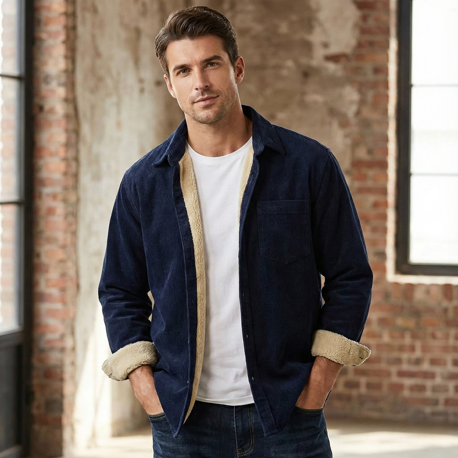 Man Wearing Vintage Fleece Cargo Overshirt Navy Blue – The Crew