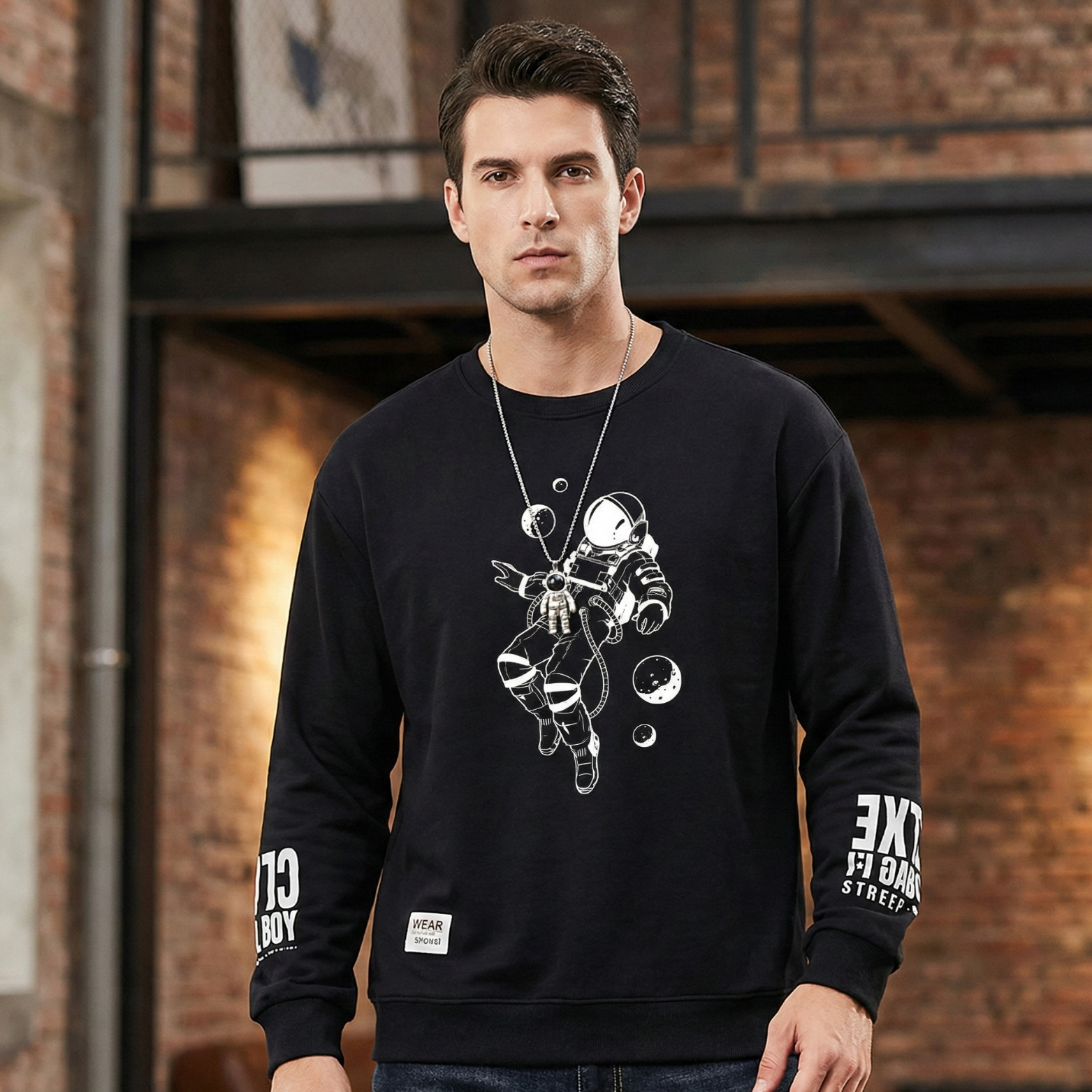 Man Wearing Moon Print Sweatshirt Black – The Crew