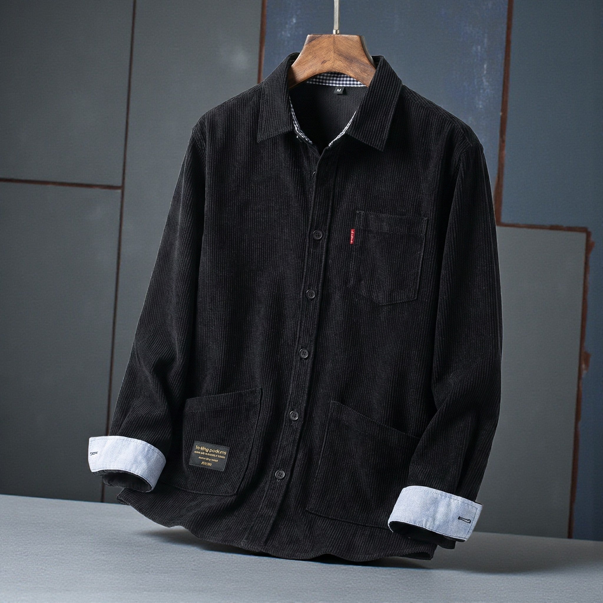 Men’s Black Corduroy Workwear Shirt Cuff Detail – The Crew
