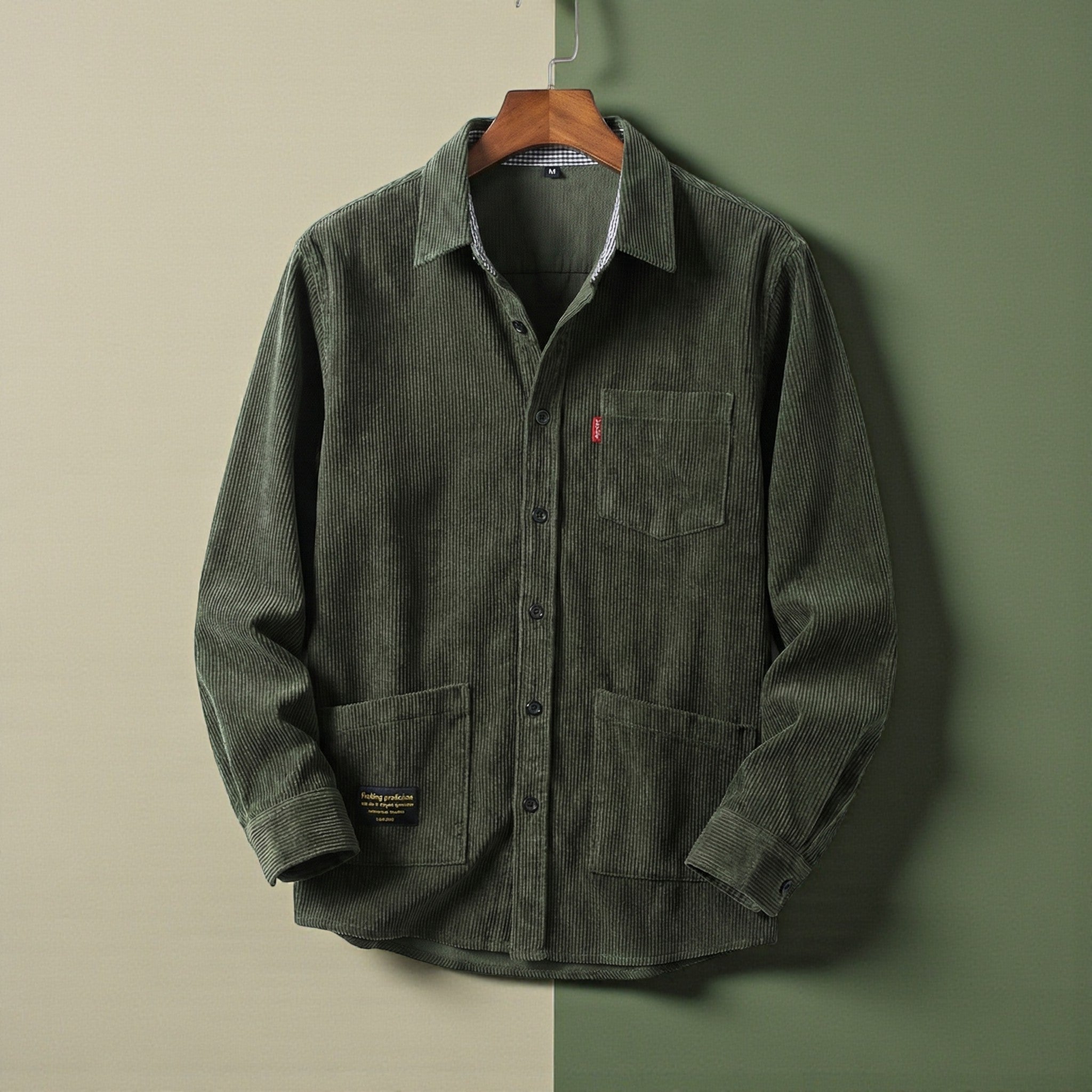 Men’s Green Corduroy Workwear Shirt Front Close-Up – The Crew