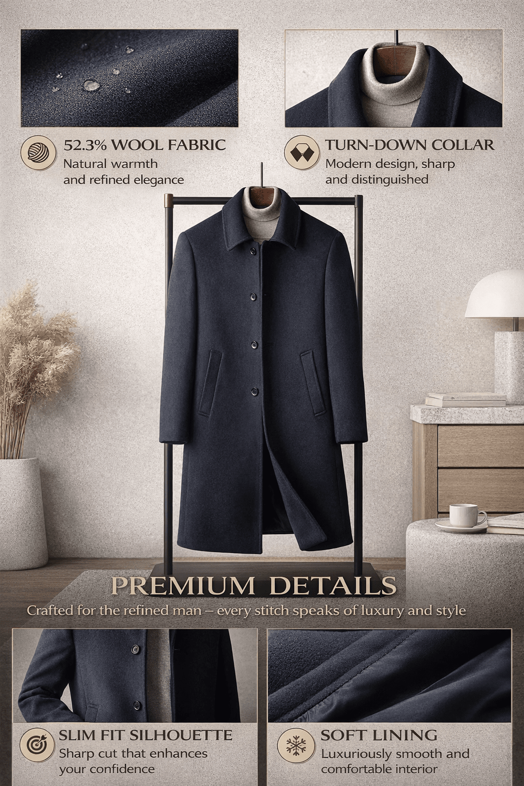 Men’s Long Wool Overcoat Slim Fit – Luxury Business Coat - The Crew
