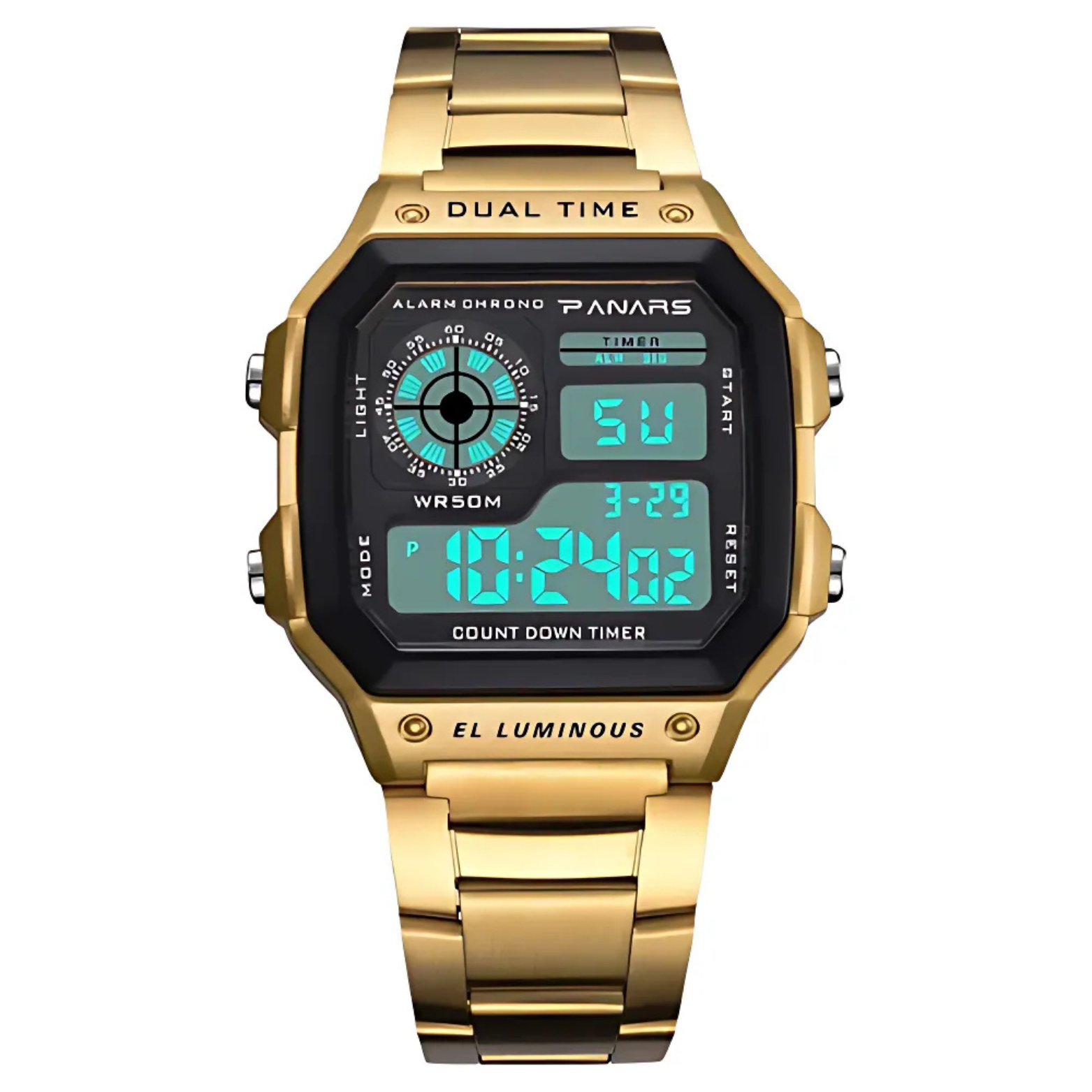 PANARS Gold Stainless Steel Digital Watch Front View – The Crew