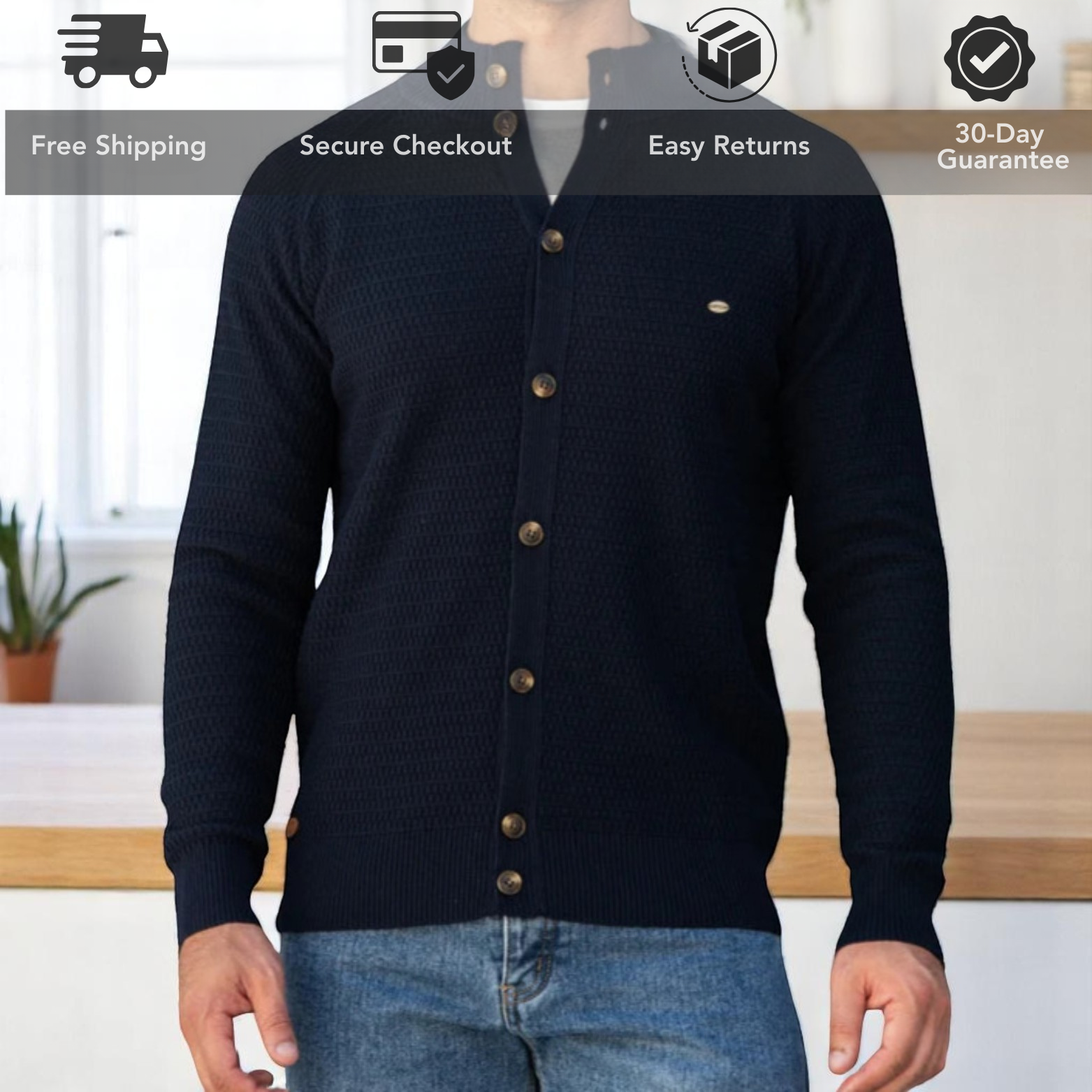 Men’s Navy Knit Cardigan Lifestyle Look – The Crew