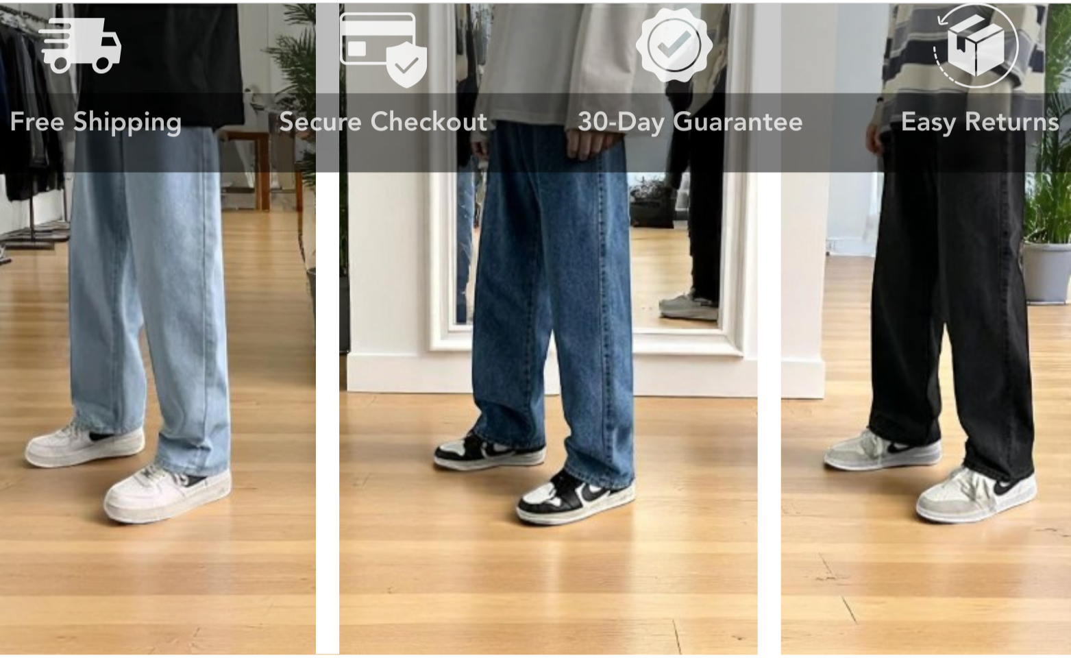 Men baggy jeans color options display – The Crew