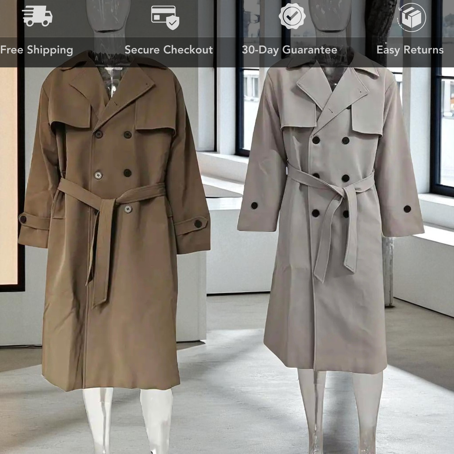 Men long trench coat retail store display – The Crew