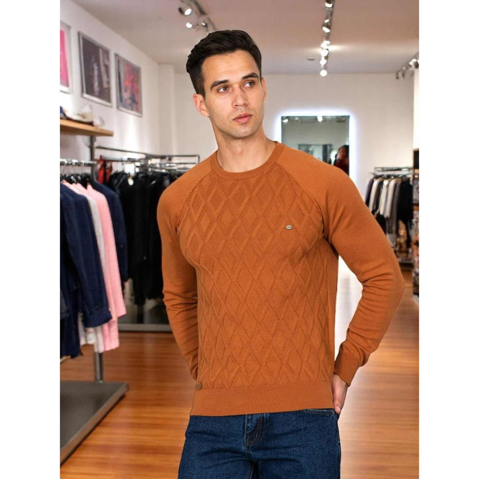 Men’s Brown Diamond Knit Sweater Outfit Look – The Crew