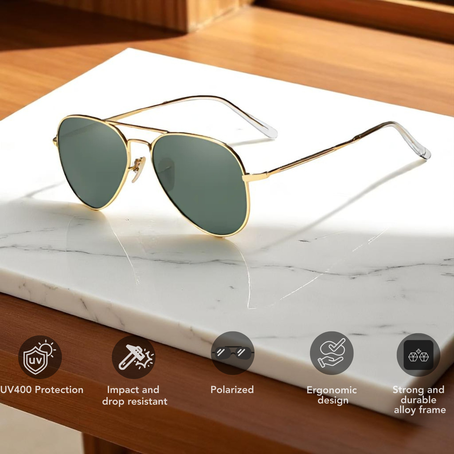 KINGSEVEN green aviator sunglasses lifestyle desk view – The Crew