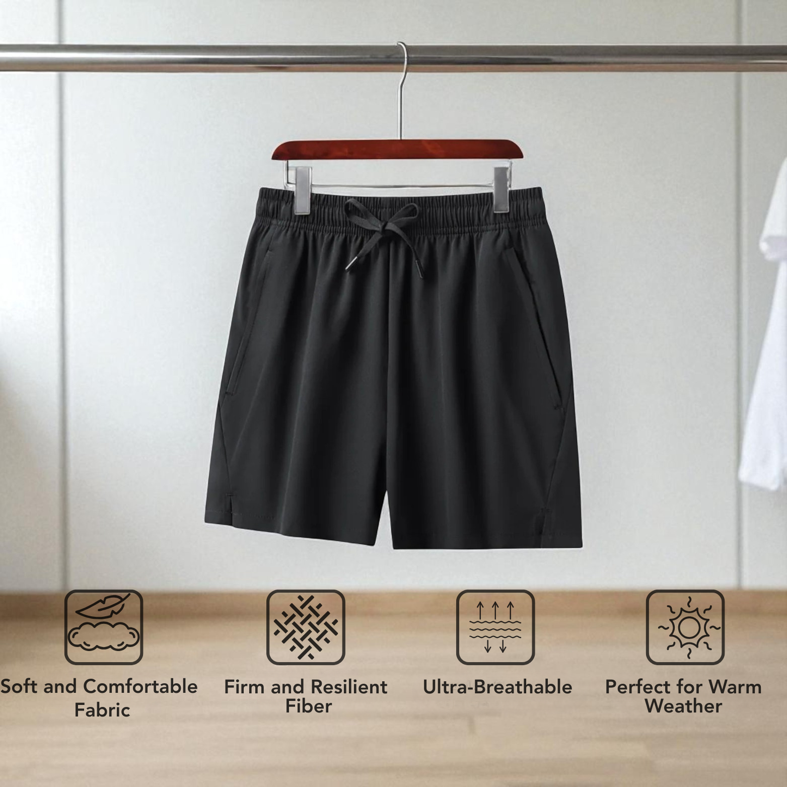 Black Ice Silk Beach Shorts Hanging Display – The Crew