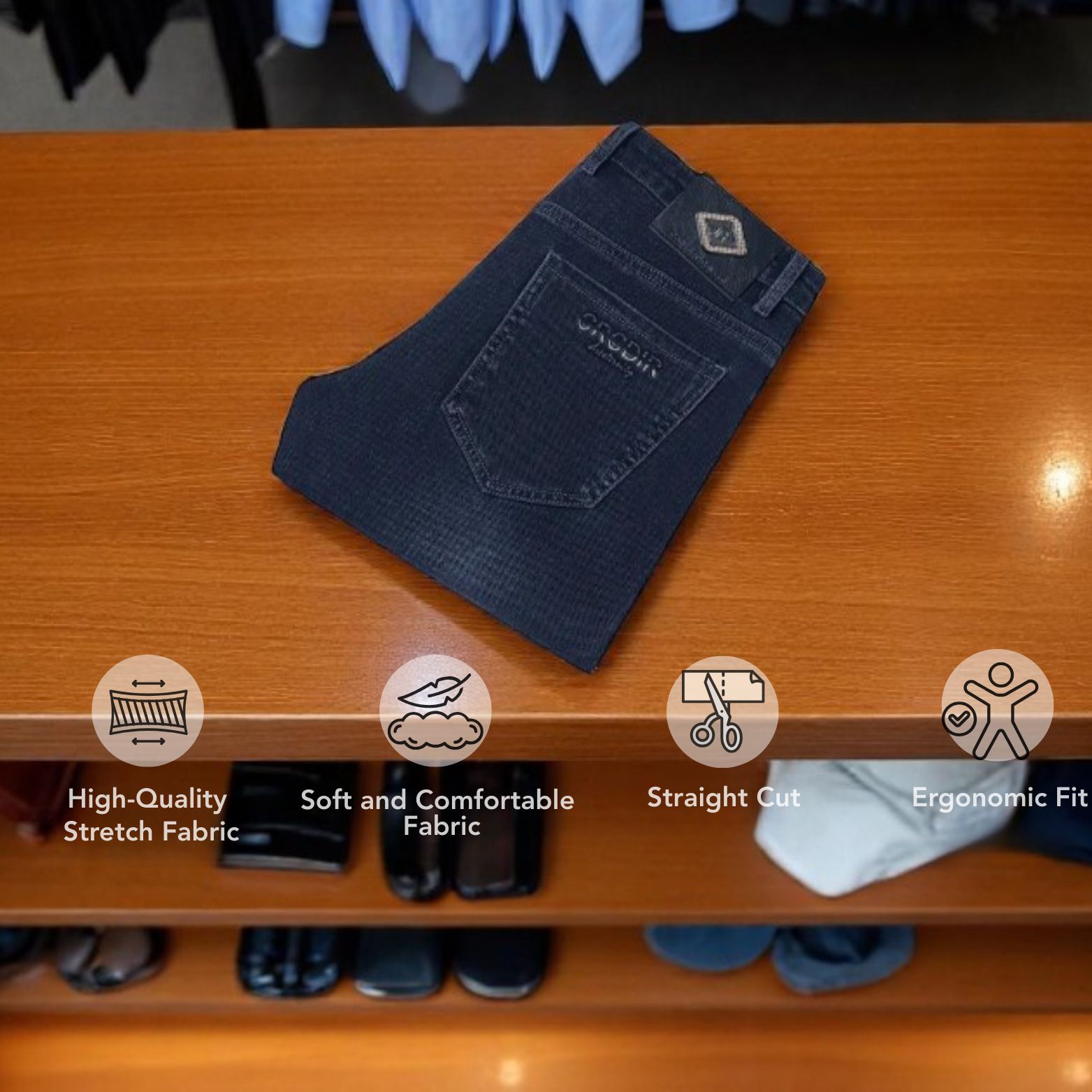 Men stretch straight jeans fabric texture close up – The Crew