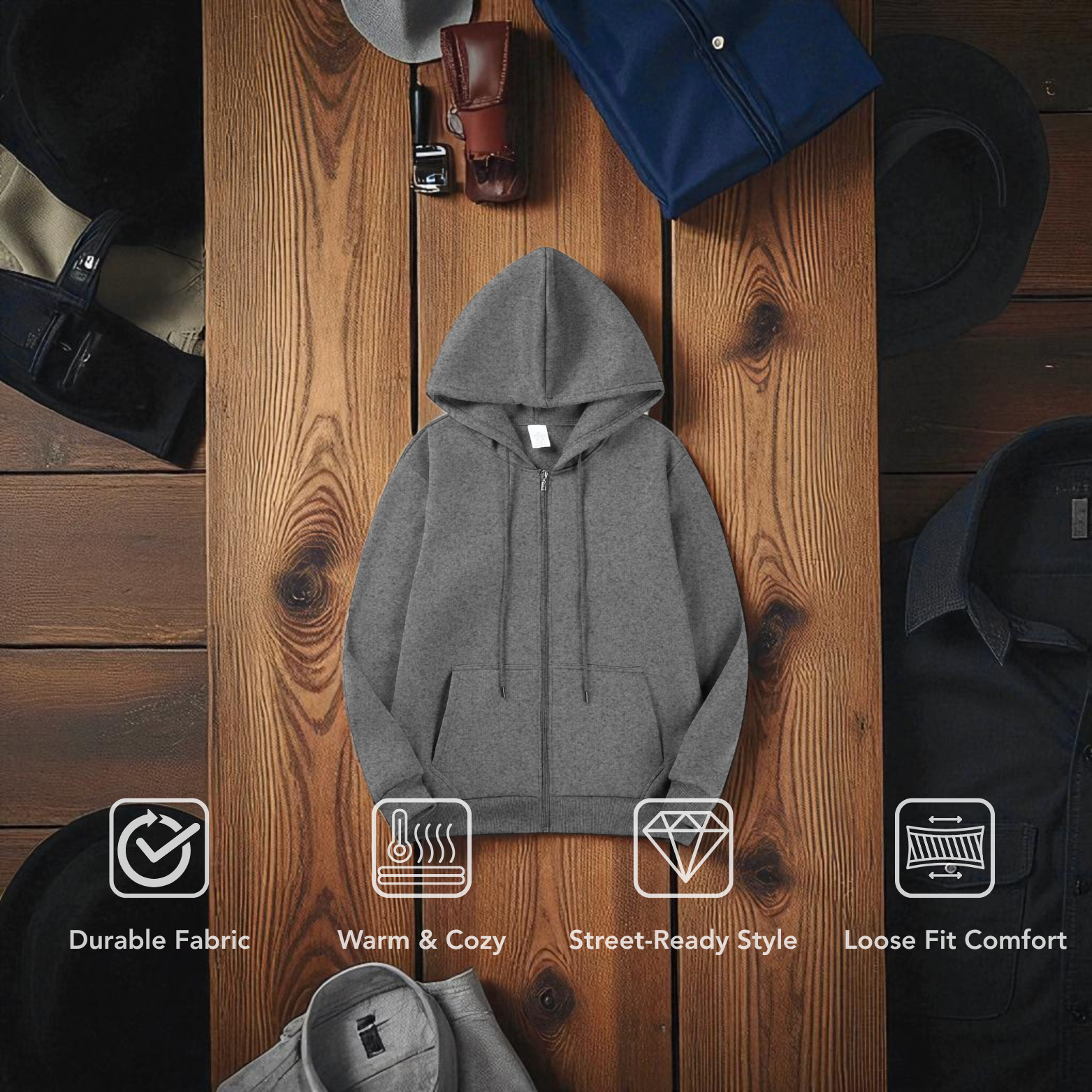 Gray Men’s Retro Hoodie Flat Lay – The Crew