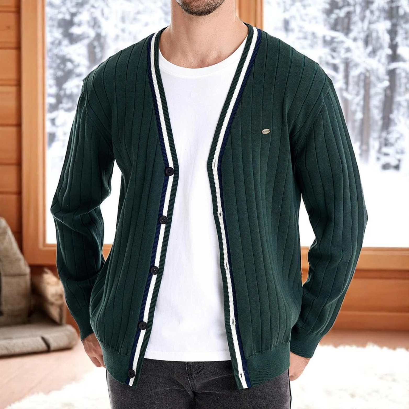 Men’s Green V Neck Cotton Cardigan Lifestyle – The Crew