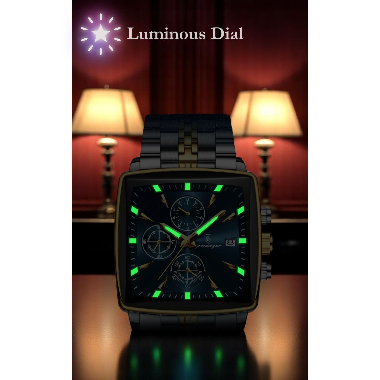 POEDAGAR 866-G Square Chronograph Night Luminous Mode – The Crew