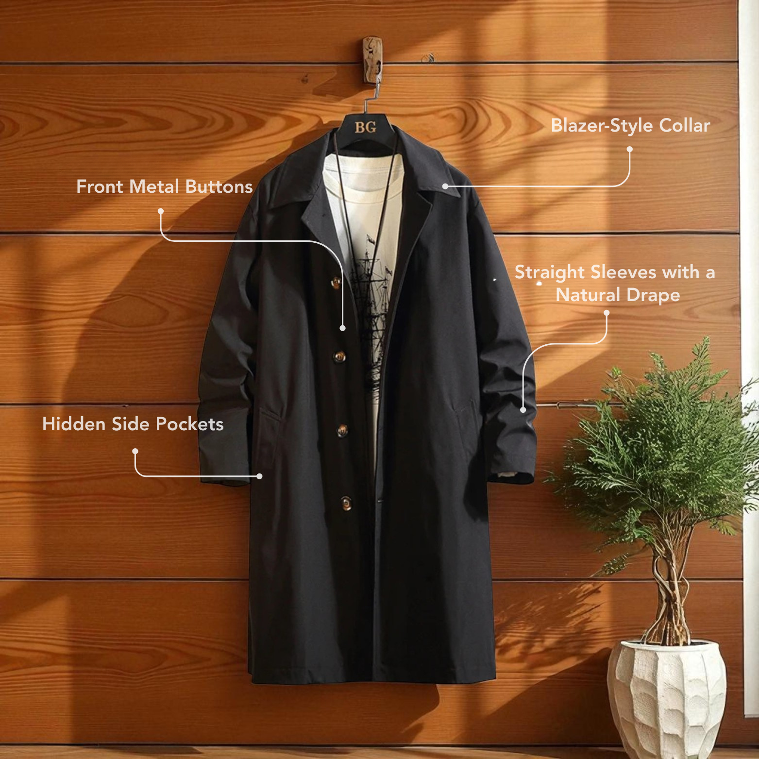 Black oversized trench coat men on hanger โ The Crew