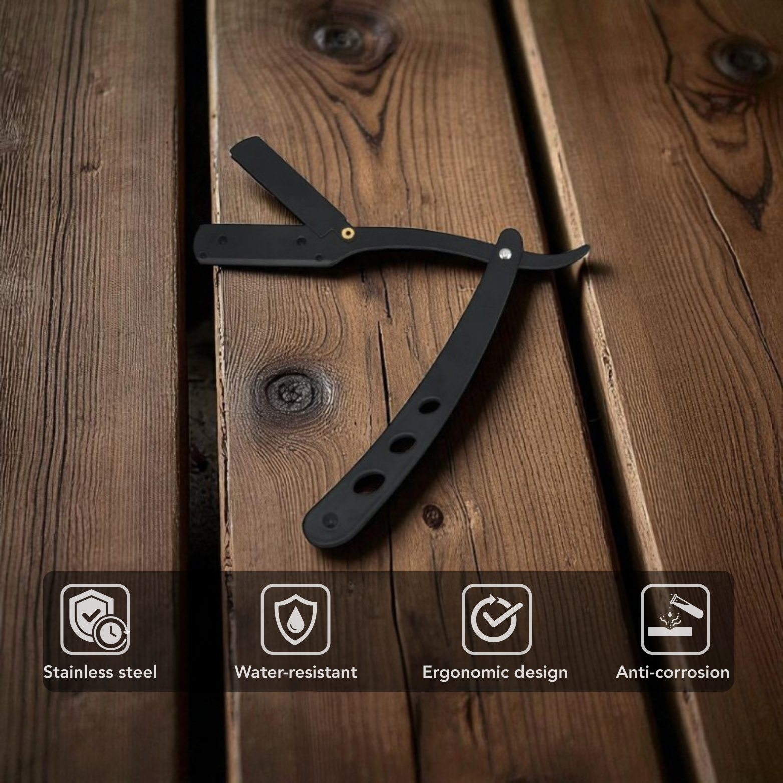 Black Straight Razor Flat Lay Wooden Table – The Crew