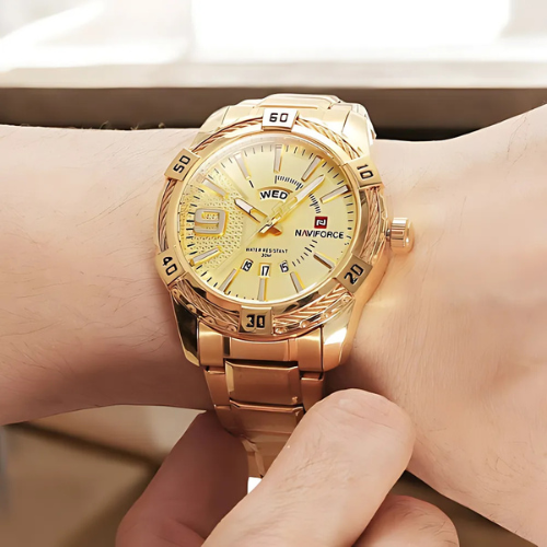 NAVIFORCE Classic Quartz Watch Gold Wrist Wearing – The Crew