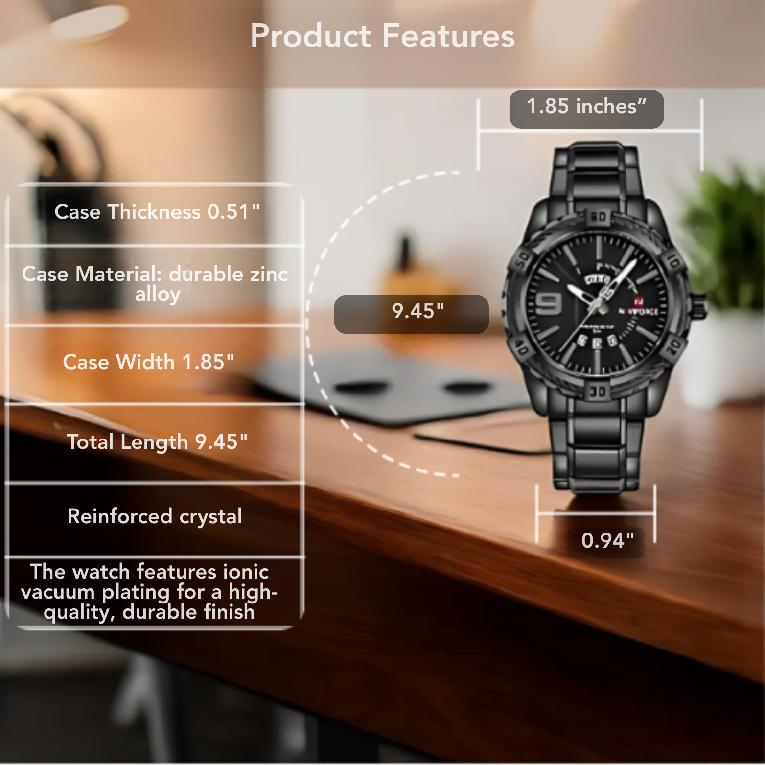 NAVIFORCE Classic Quartz Watch Black Dial Desk Lifestyle – The Crew