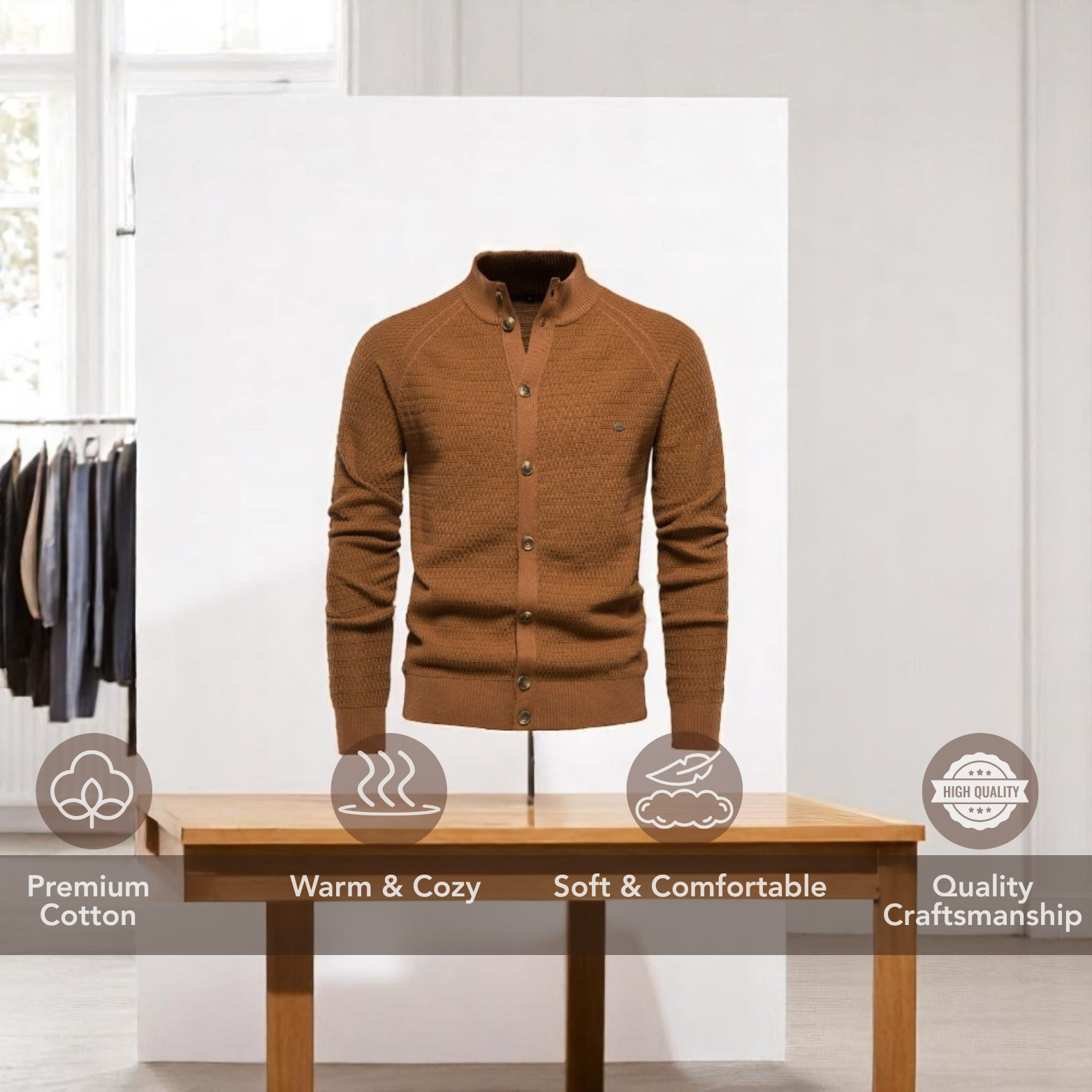 Men’s Brown Cotton Knit Cardigan Table Display – The Crew