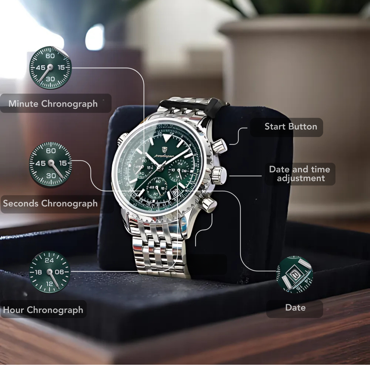 POEDAGAR 960 Military Chronograph Black Dial Desk Lifestyle – The Crew