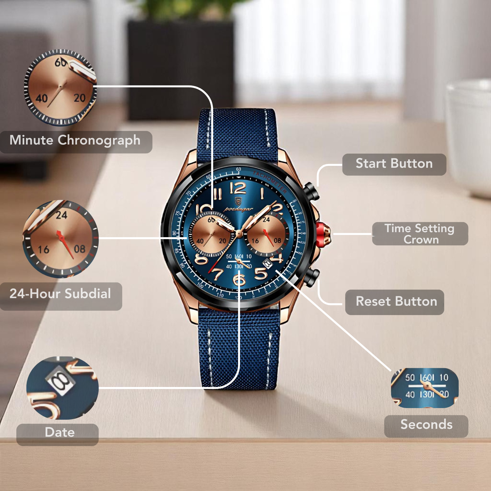 POEDAGAR 862 Leather Chronograph Product Features – The Crew