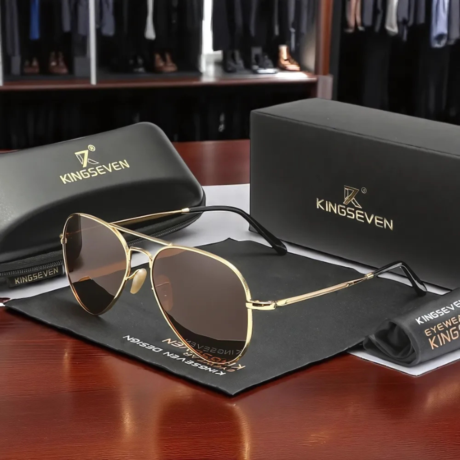KINGSEVEN brown aviator sunglasses premium packaging – The Crew