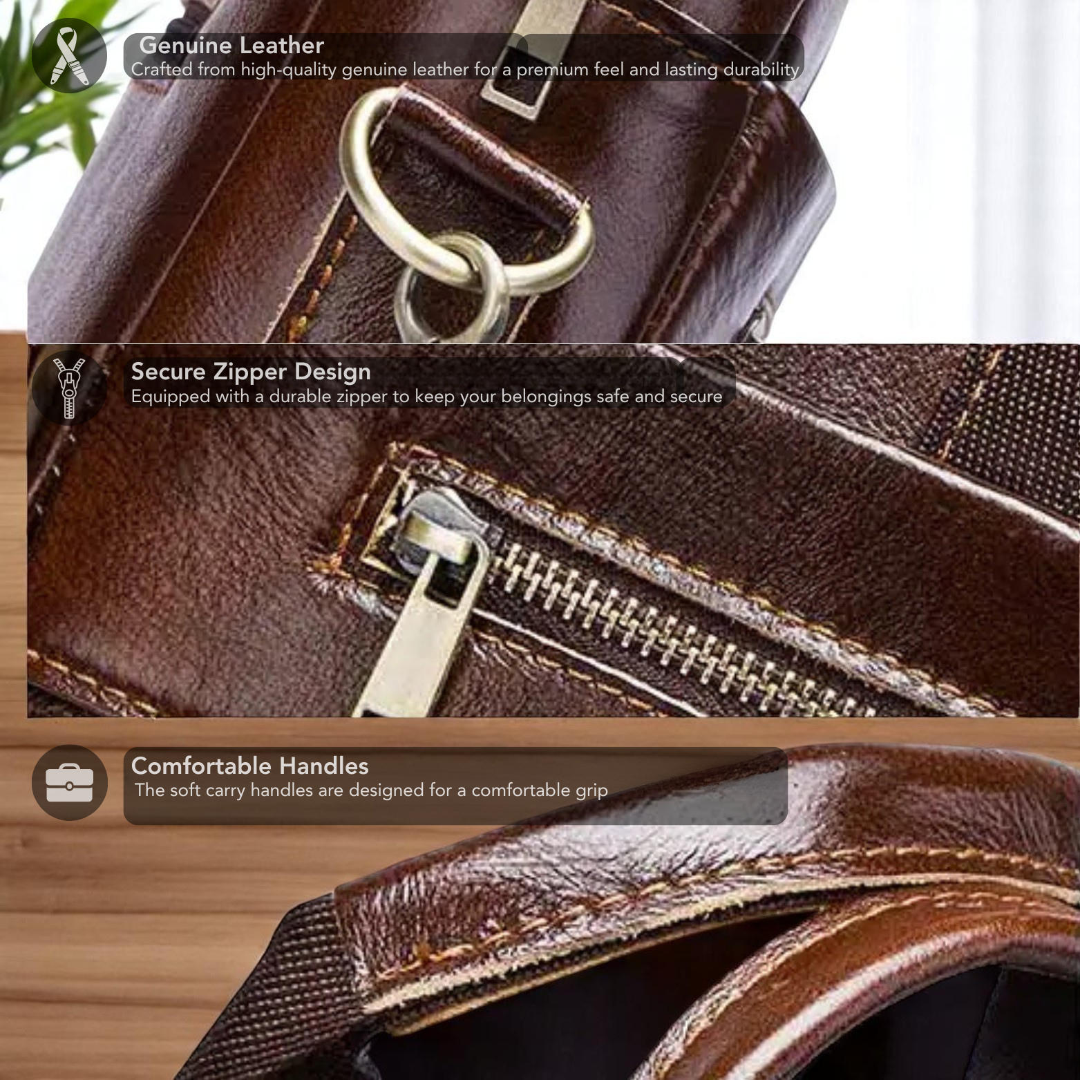 Men’s Leather Briefcase Zipper and Strap Detail – The Crew