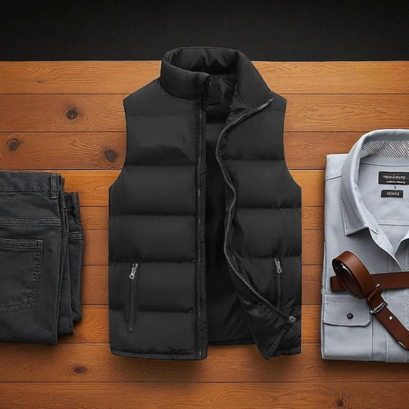 Black Men’s Winter Vest Flat Lay – The Crew
