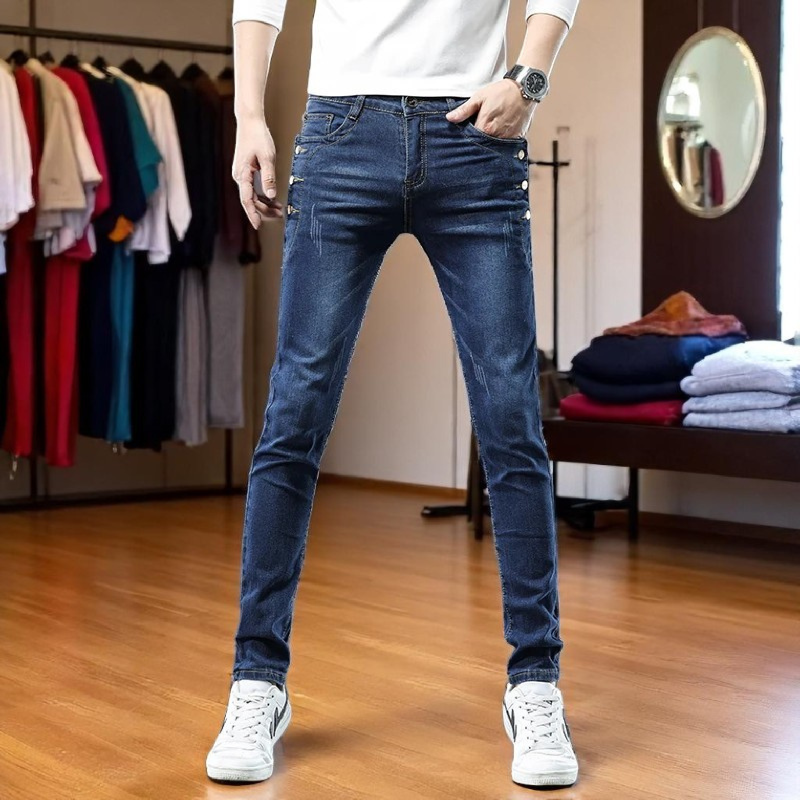 Men slim skinny button jeans full body view – The Crew