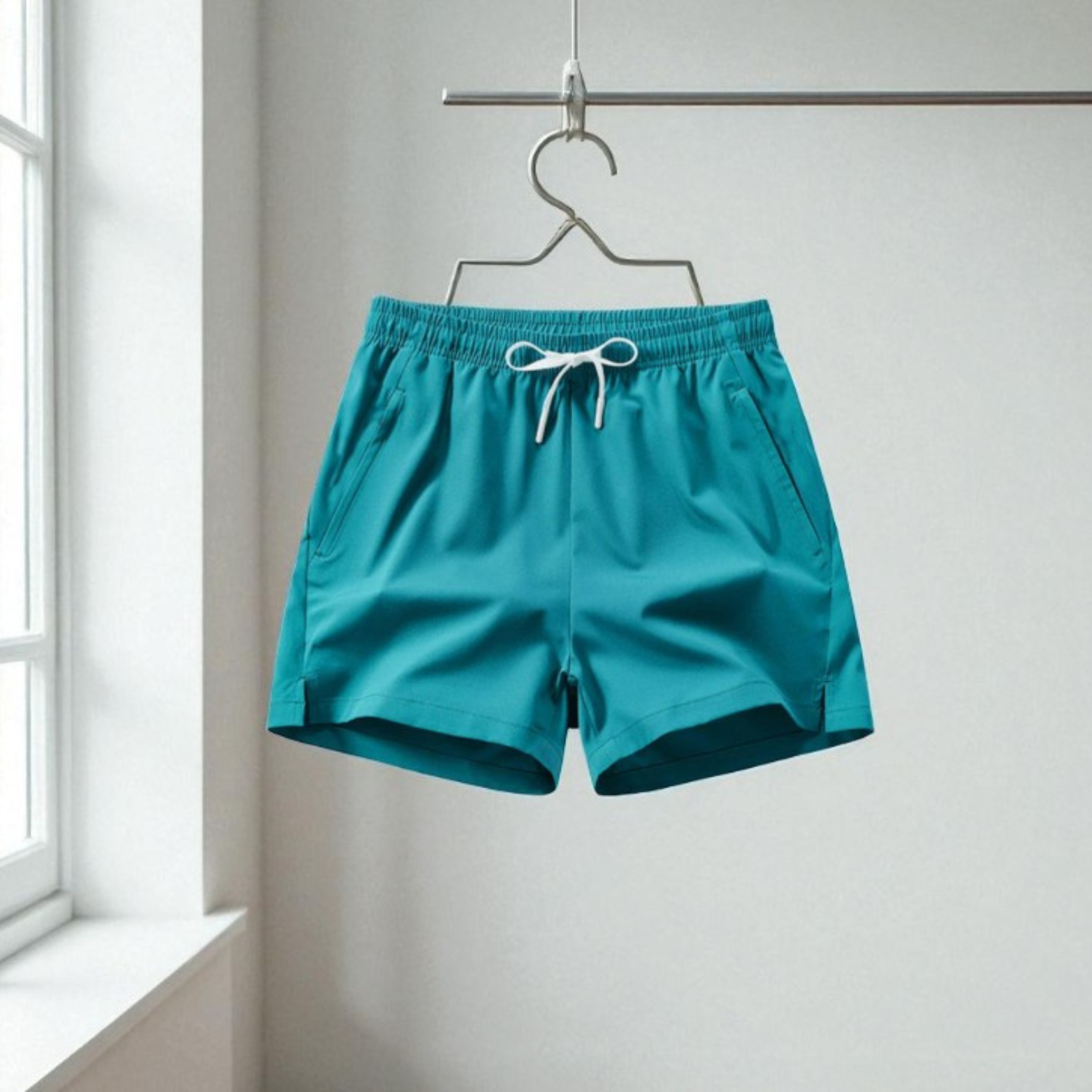 Turquoise Ice Silk Shorts Hanging – The Crew