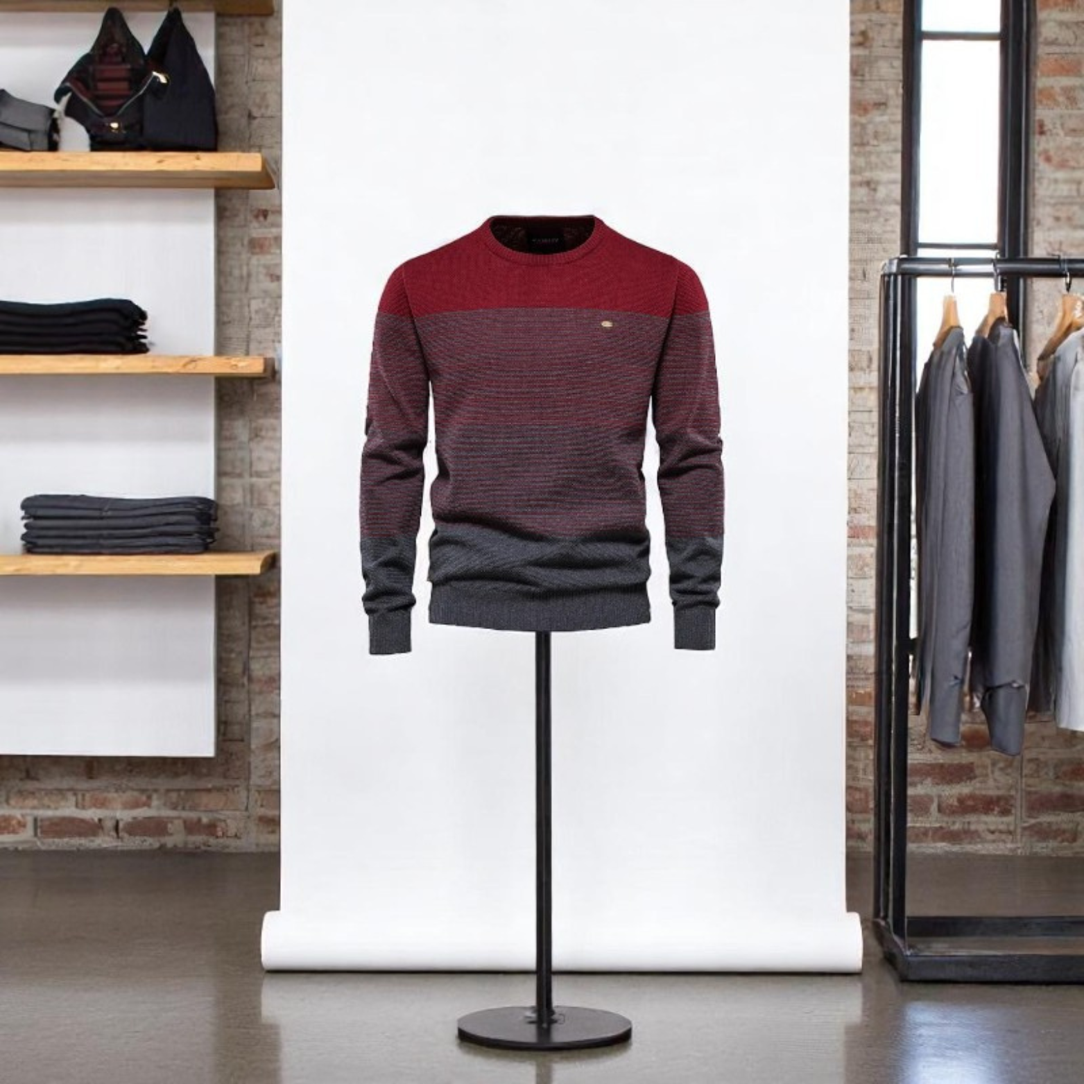 Men’s Burgundy Striped Panel Sweater On Mannequin – The Crew