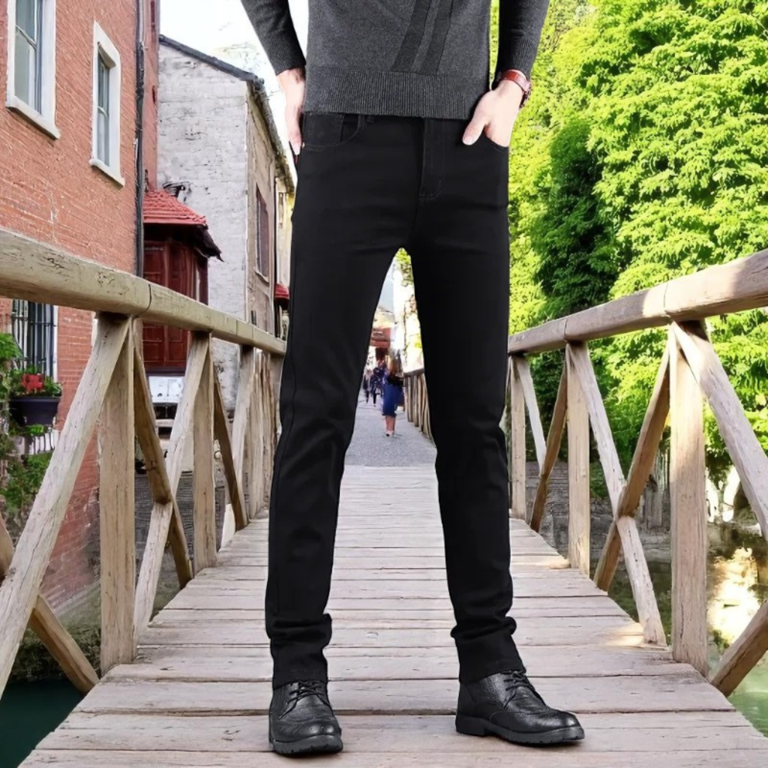 Men black slim straight jeans outdoor bridge style – The Crew