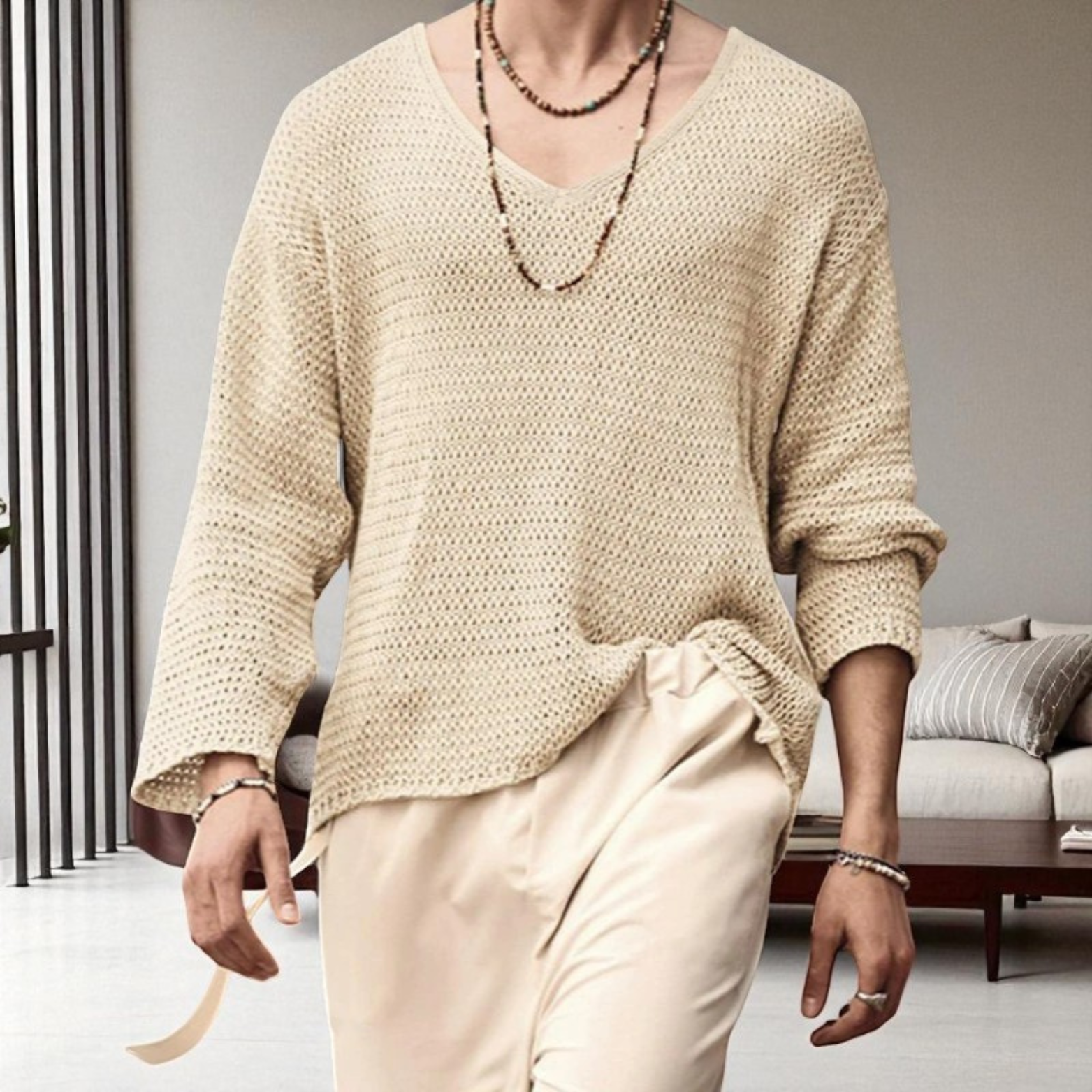 Men Wearing Beige V-Neck Knit Shirt Street Style – The Crew