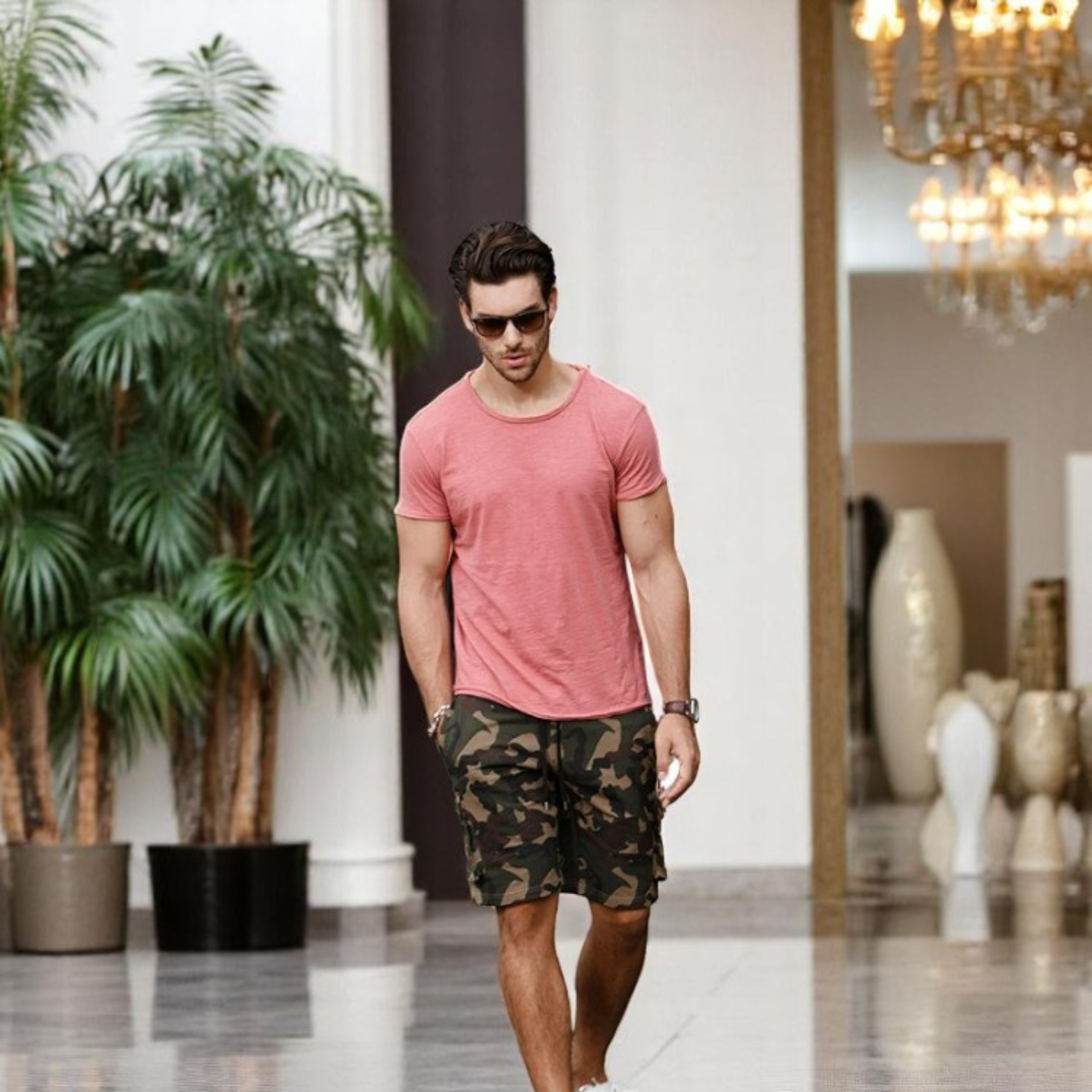 Men wearing coral cotton T-shirt casual look – The Crew
