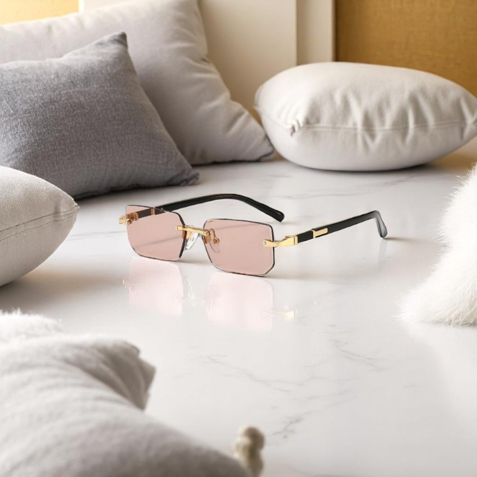 Men’s Rimless Square Sunglasses Light Pink Lens – The Crew