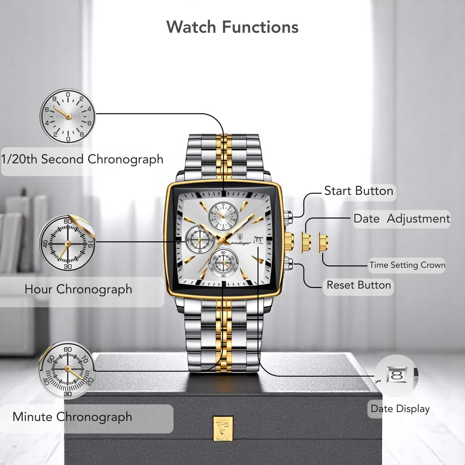 POEDAGAR 866-G Square Chronograph Watch Functions – The Crew