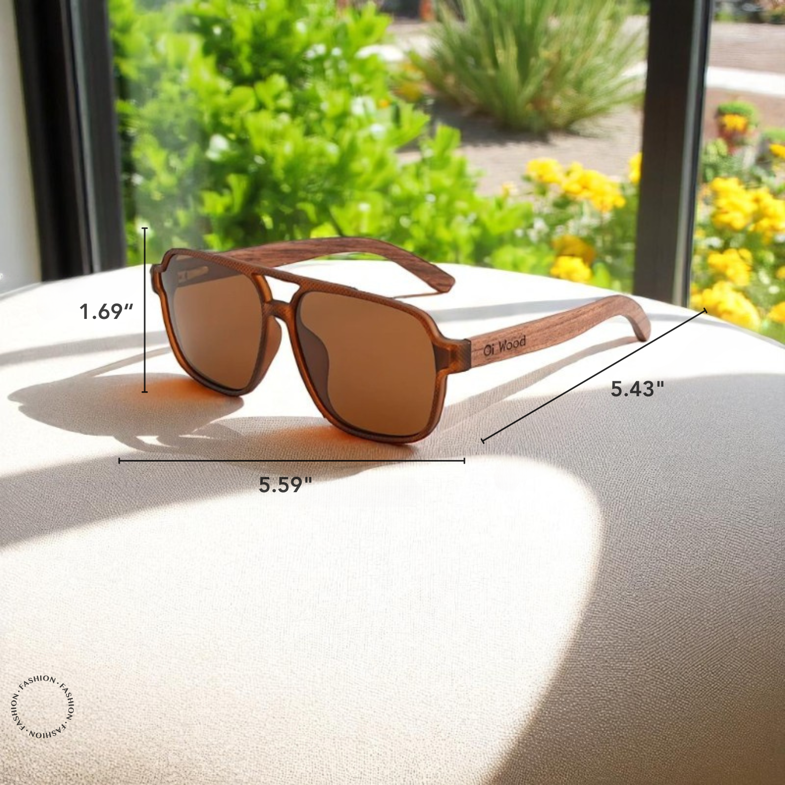Square wood sunglasses outdoor lifestyle on table – The Crew
