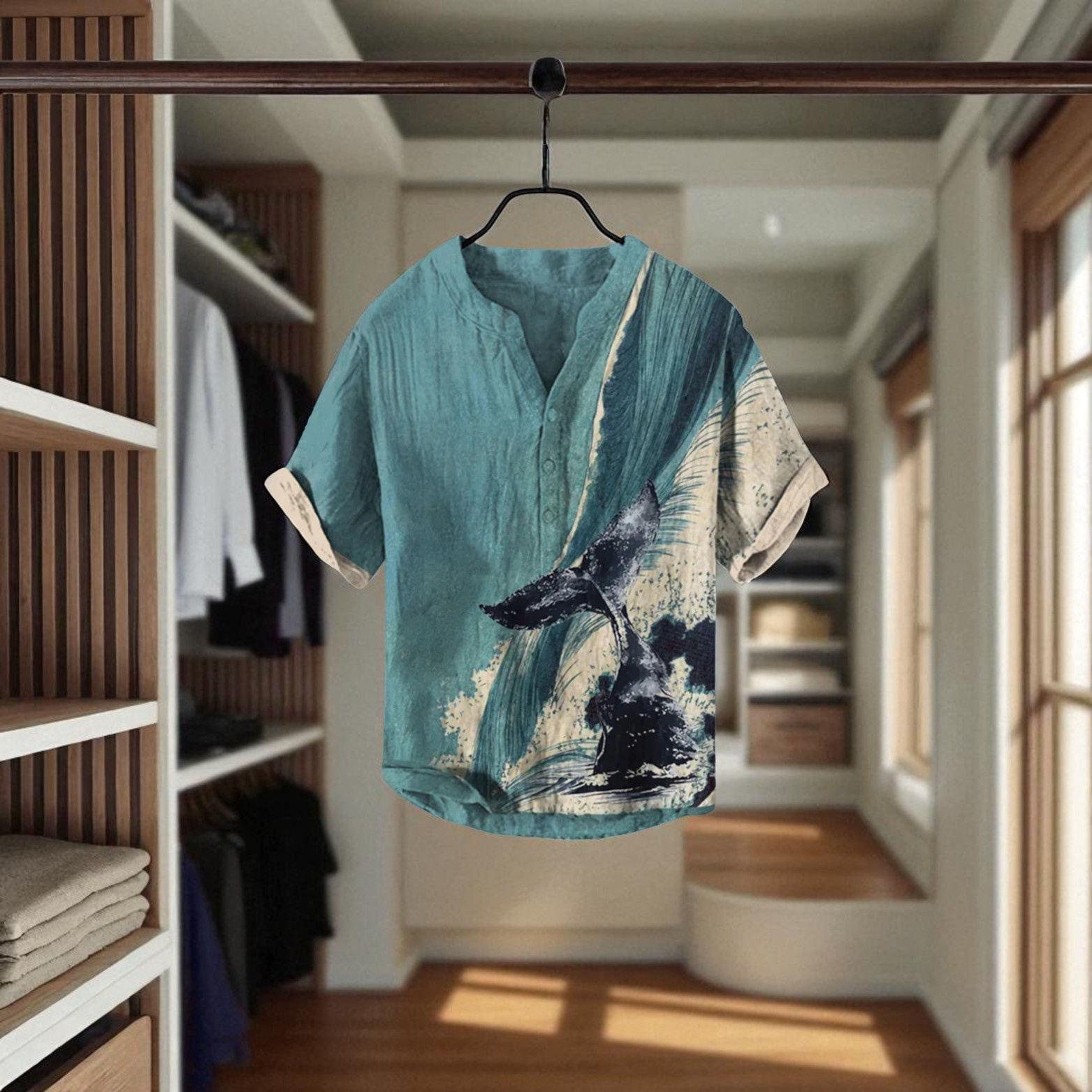 Turquoise Men’s Linen Shirt Oriental Art – The Crew