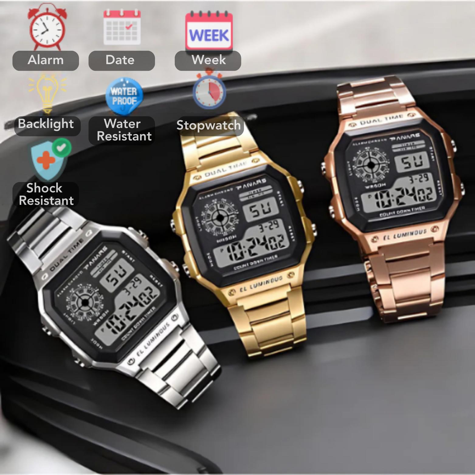 PANARS Stainless Steel Digital Watch Group Display – The Crew