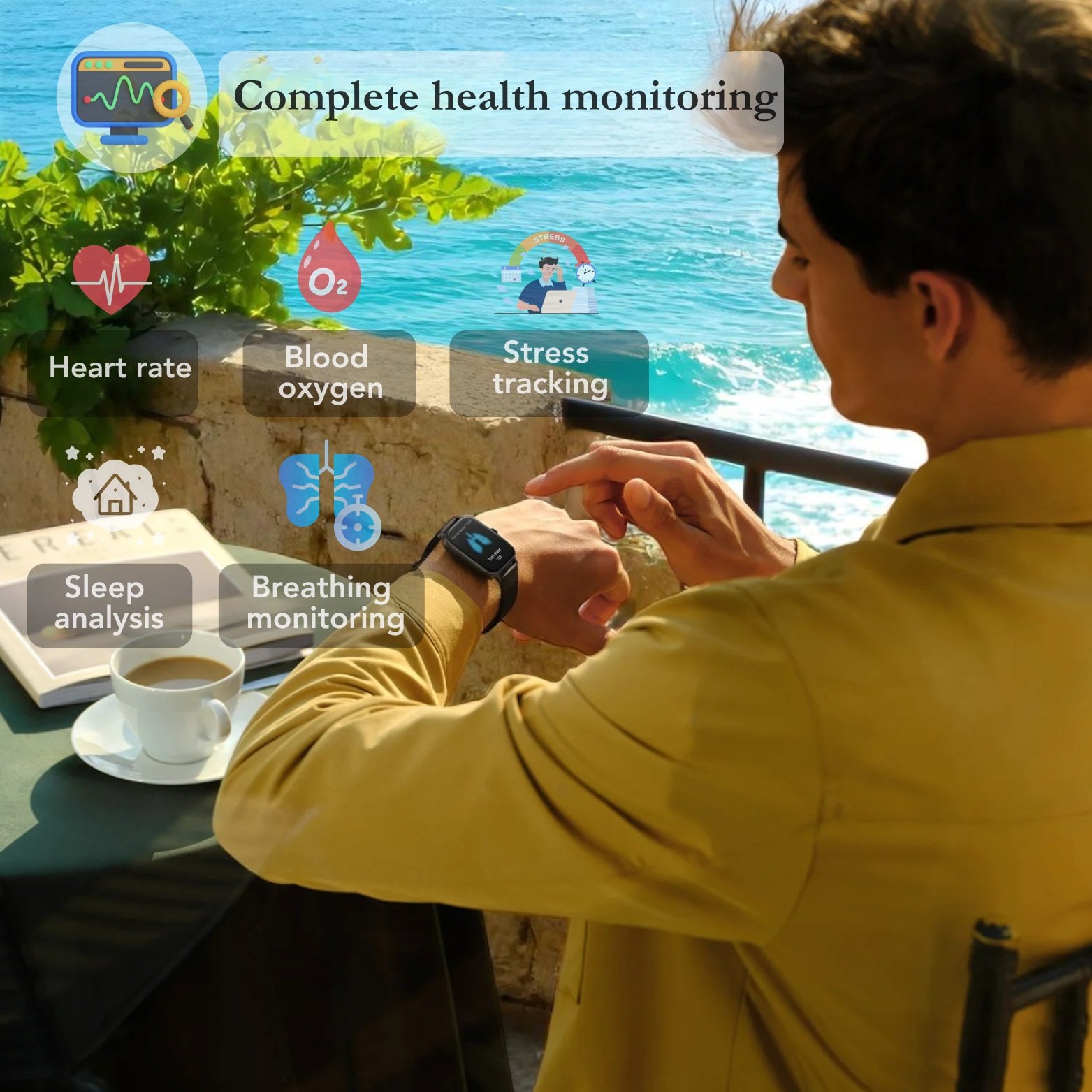 Amazfit GTS 4 Mini smartwatch lifestyle coffee scene – The Crew